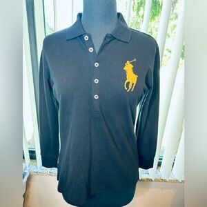 Ralph Lauren Black Polo with Gold Big Horse Gold Emblem Blue Label Large